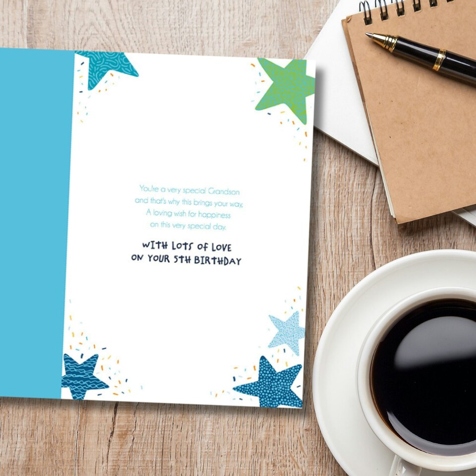 image 1 of Words 'n' Wishes 5th Birthday Card for Grandson, Patterned & Foiled Letters With Football & Trophy, Multicoloured, 23.5 x 16.5 cms