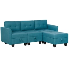 HOMCOM Convertible Modular Sectional Sofa with Storage, Tufted 3 Seater Sofa Set, L Shaped Couch with Ottoman, Wood Frame for Living Room, Light Blue | Blue | One Size