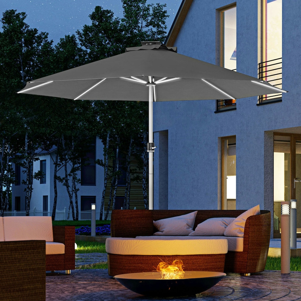 image 1 of Outsunny Solar Patio Garden Parasol with Lights, Charcoal Grey