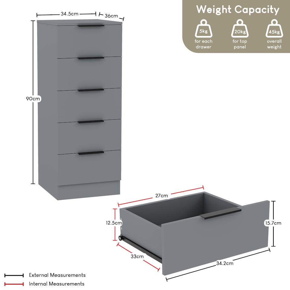 image 1 of Vida Designs Trega 5 Drawer Tall Narrow Chest of Drawers Bedroom Storage Unit - Grey