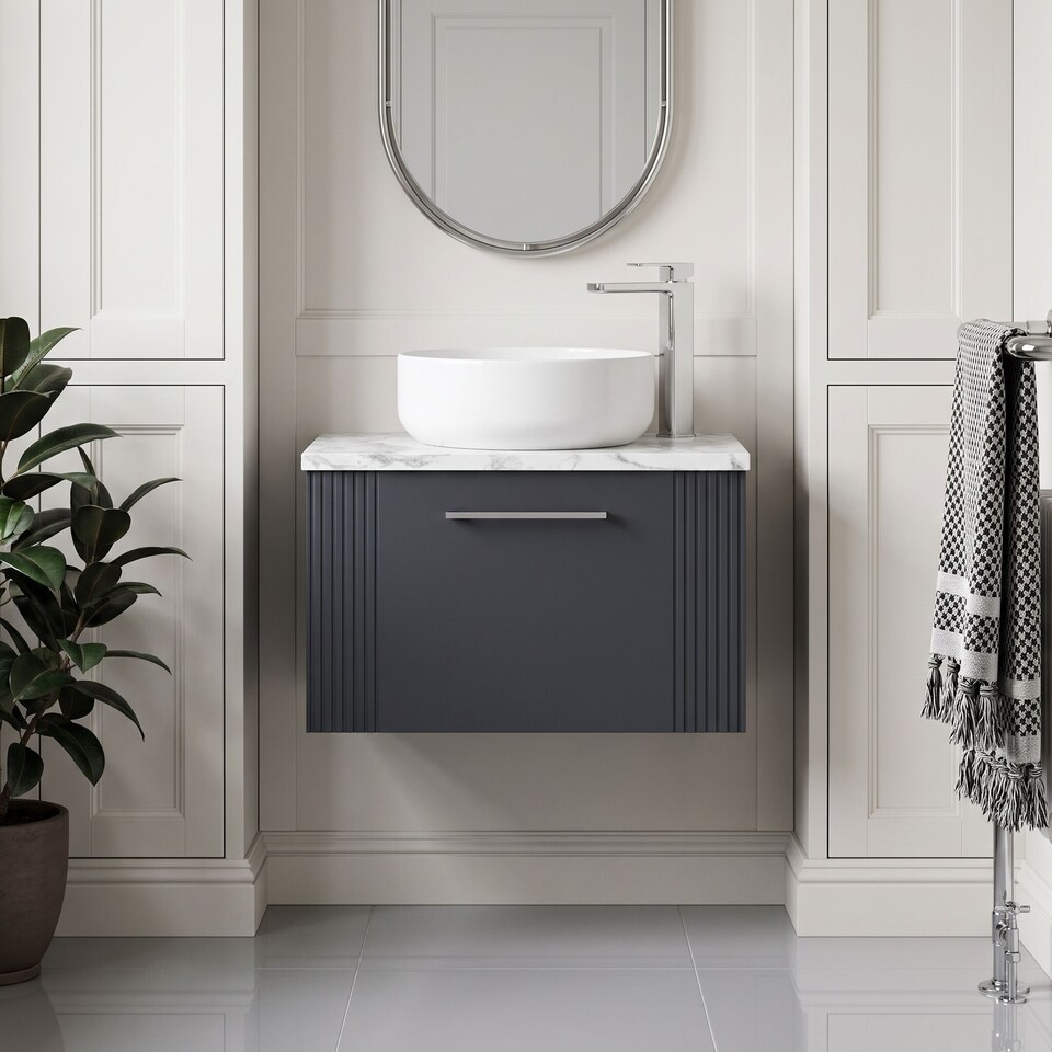 image 1 of Balterley Partial Fluted 1 Drawer Wall Hung Vanity Unit with Carrera Marble Laminate Worktop | Grey | Satin Soft Black | 2