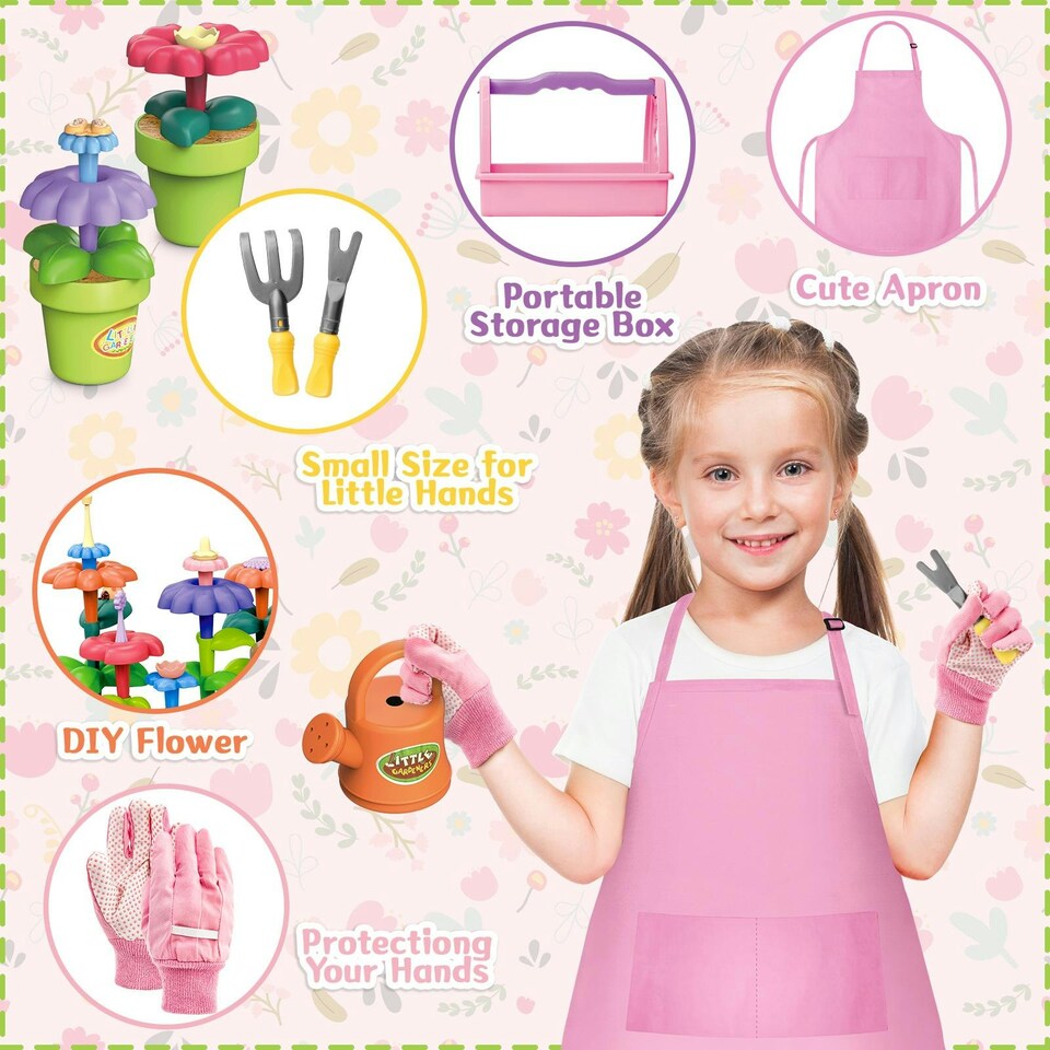 image 1 of Kids Gardening Set with DIY Flower Kits (Pink)