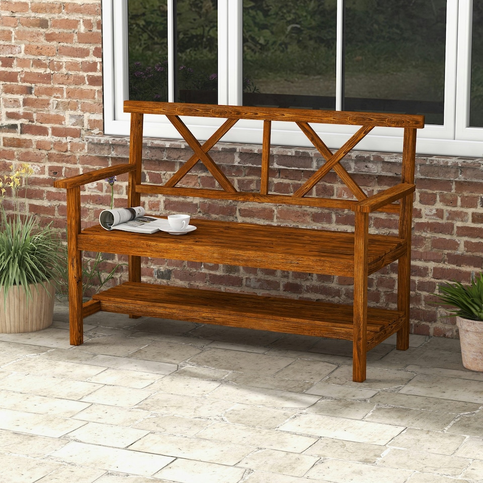 image 1 of Outsunny Wooden Garden Bench, 2-Seater Outdoor Bench with Storage Shelf, Backrest, Armrests and Slat Seat for Patio, Lawn, Deck, Carbonized