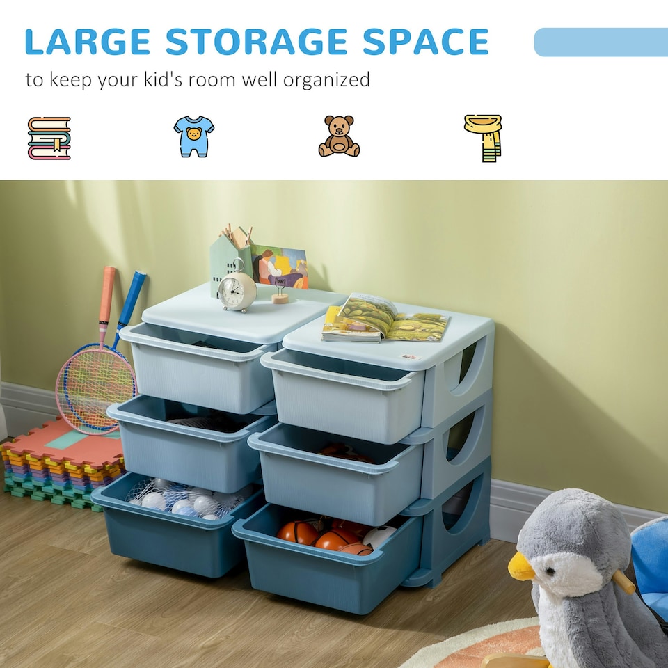 image 1 of HOMCOM Kids Storage Units with Drawers Chest Dresser Tower | Blue | 75 x 37 x 56.5cm