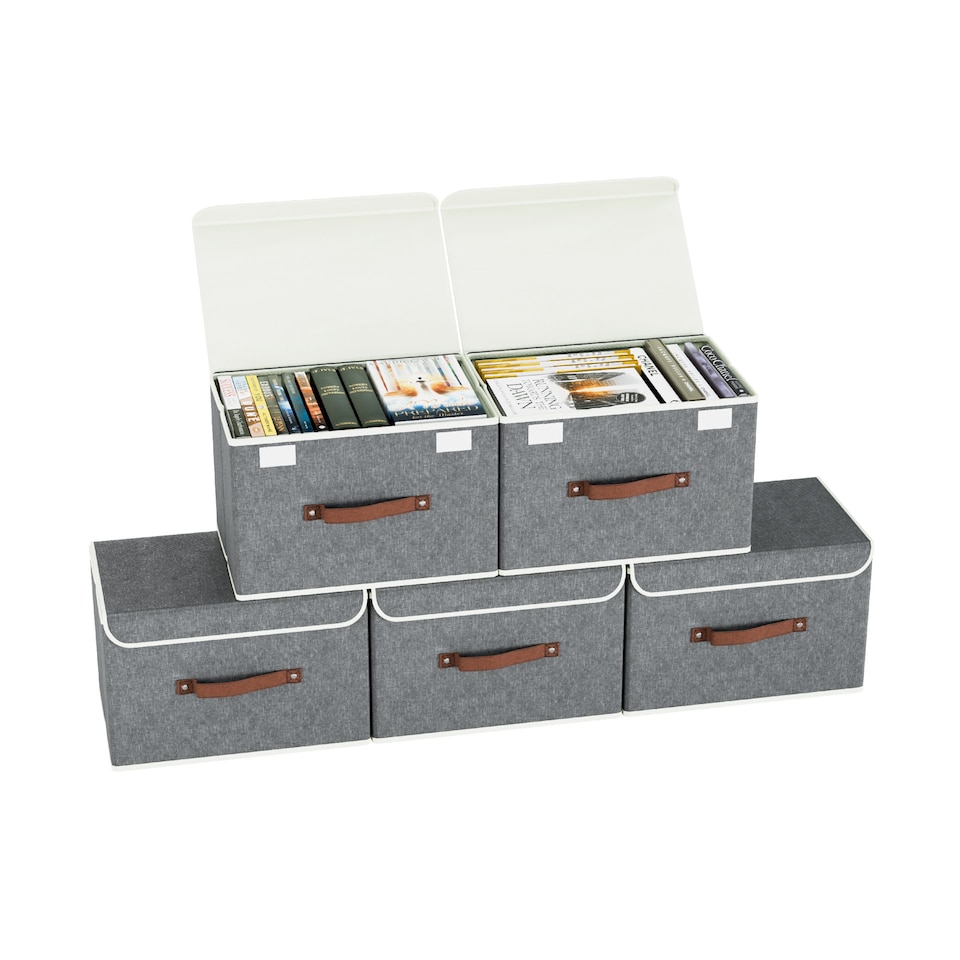 image 1 of DMD 5-Pack Collapsible Storage Boxes with Lids, Stackable Fabric Storage Cubes | Grey