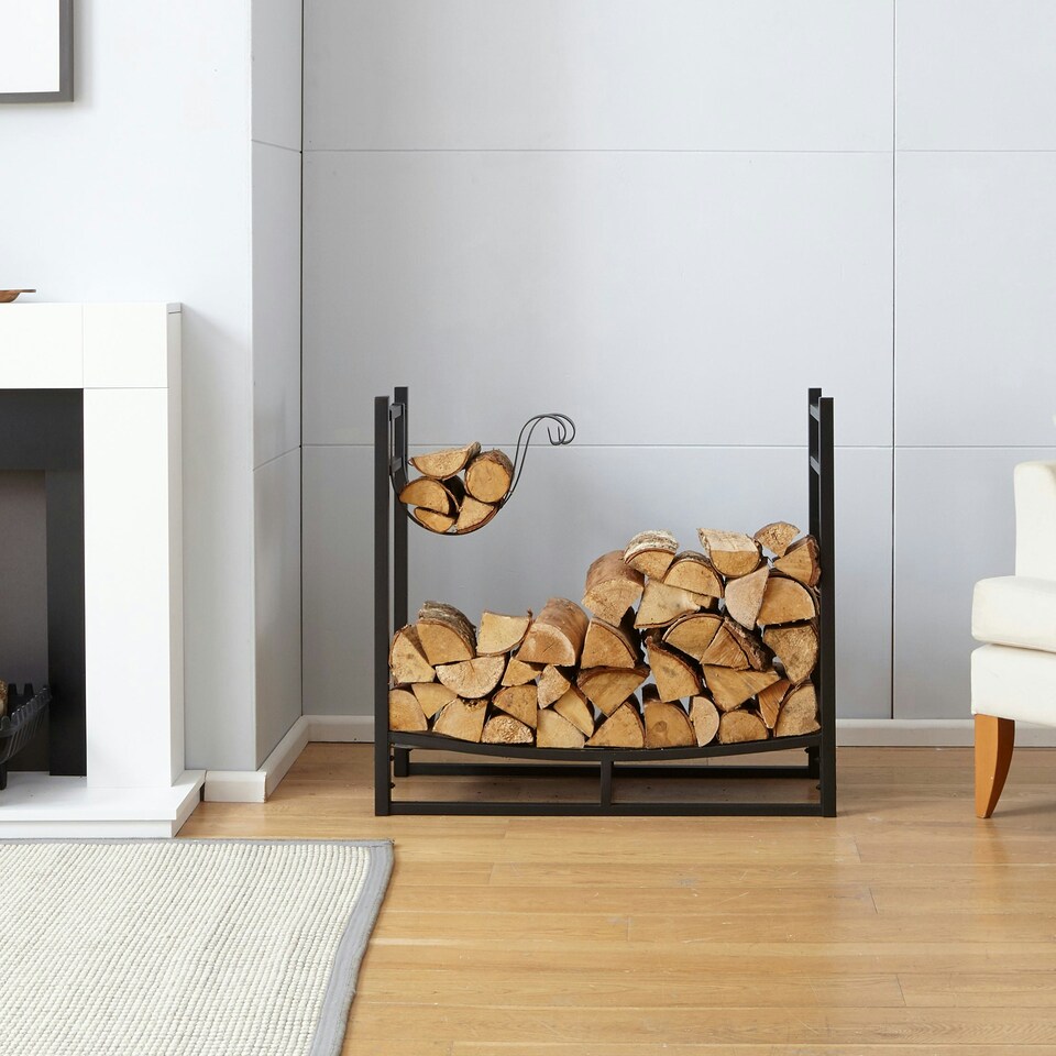 image 1 of Black Indoor Firewood Log Rack With Hooks