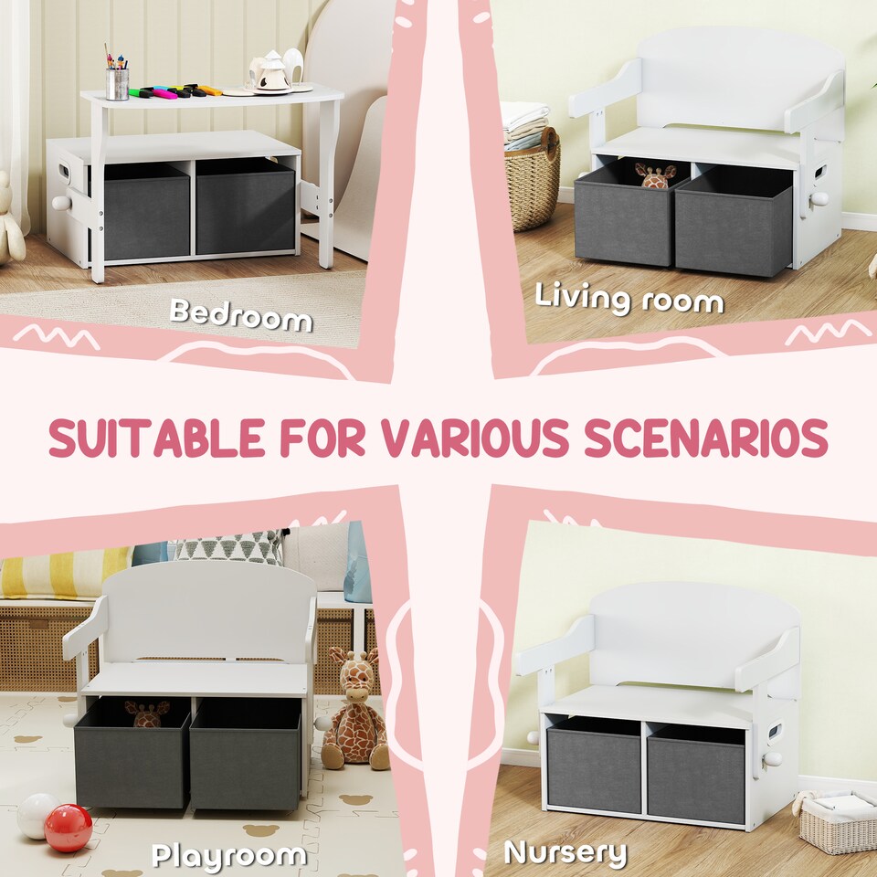 image 1 of AIYAPLAY 3 in 1 Kids Storage Bench, Toddler Table and Chair Set, White