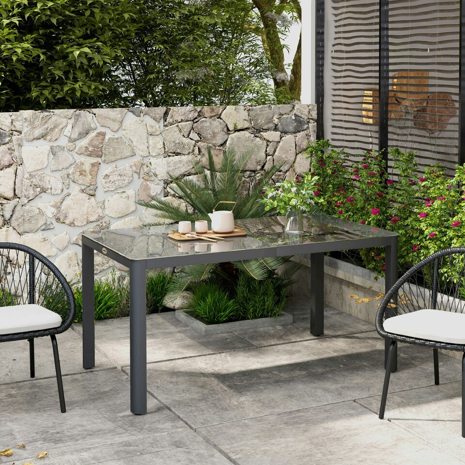 image 1 of Outsunny Outdoor Dining Table for 6 with Glass Top, Aluminium Frame, Grey
