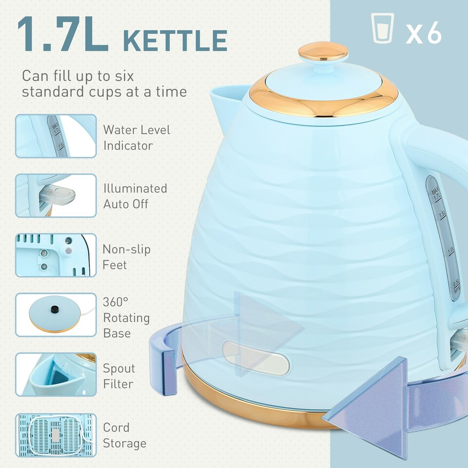 image 1 of HOMCOM Kettle and Toaster Set 1.7L Kettle & 4 Slice Toaster Light, Blue