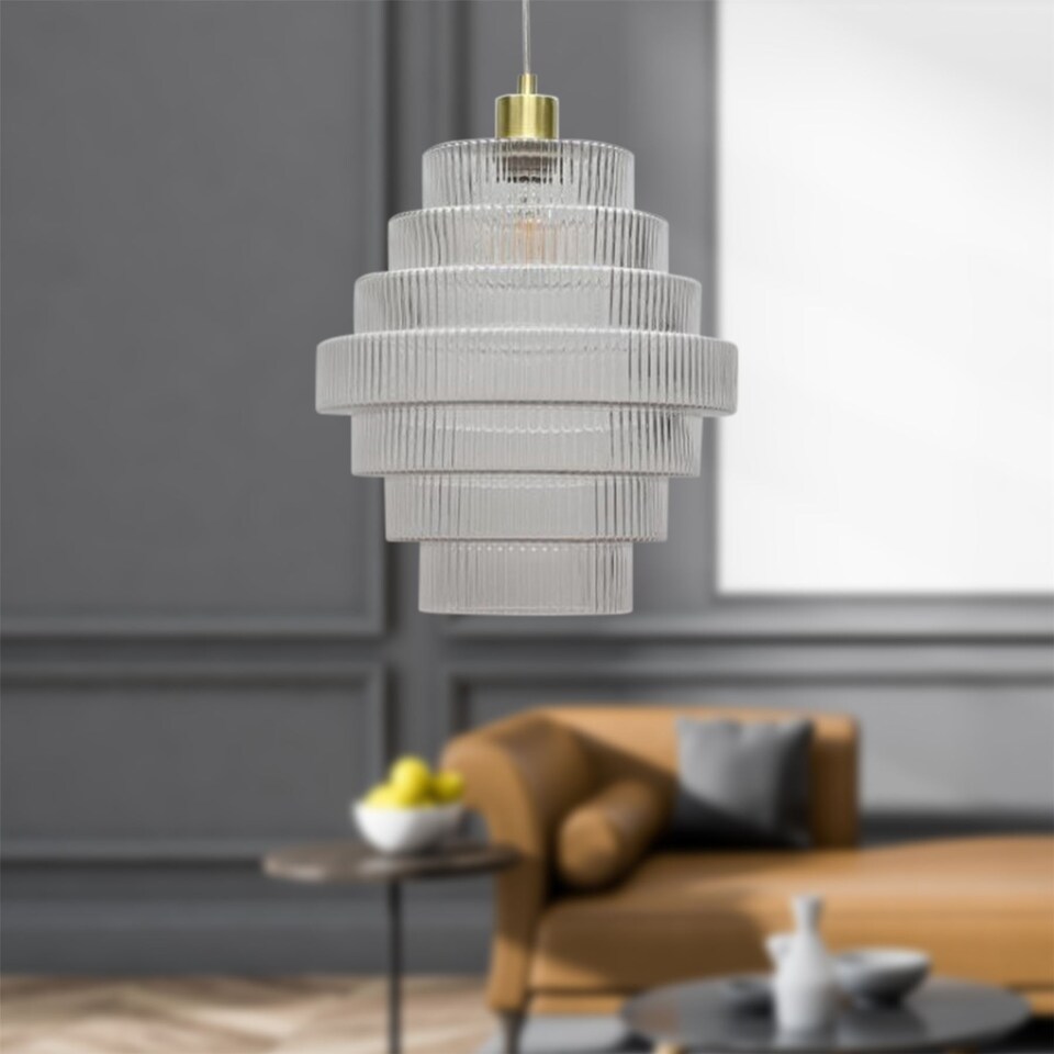 image 1 of Set of 2 Benson - Tiered Large Glass Satin Brass Ceiling Pendant Light