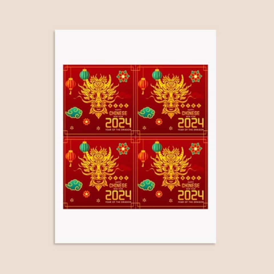image 1 of Happy Chinese New Year 2024 Dragon Design Square Stickers 95mm - Sheet of 4