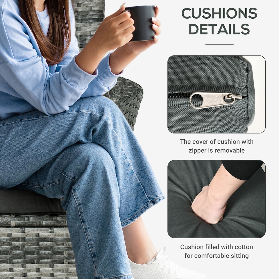 image 1 of Outsunny 3 Pieces Rattan Bistro Set, Wicker Garden Furniture Set with 2 Tier Coffee Table and Chairs, Washable Cushions, for Outdoor Patio Balcony, Mixed Grey