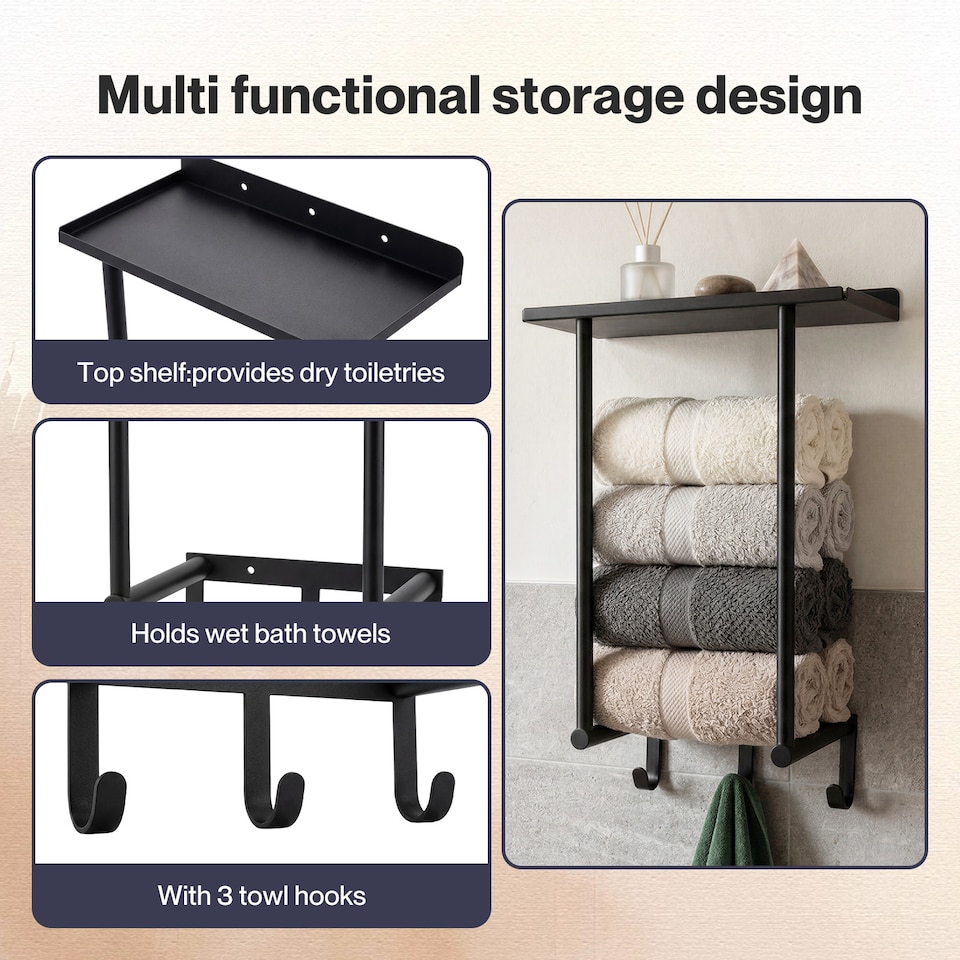 image 1 of Levede Towel Rack Wall Mounted Shelf Bathroom Storage Holder with Hooks Black