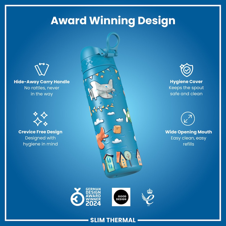 image 1 of Leak Proof Slim Water Bottle, Vacuum Insulated, 500ml (17oz) | Blue | Airplanes | One Size