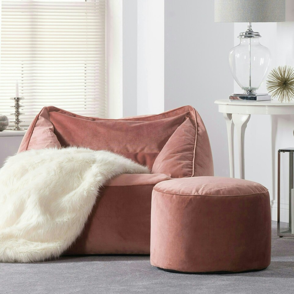 image 1 of icon Natalia Velvet Adults Bean Bag Armchair and Pouffe, Ready Filled Large Beanbag and Footstool Dusk Pink Pink