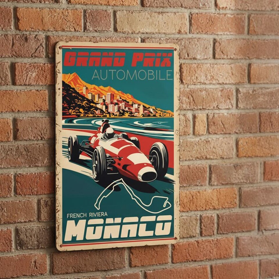 image 1 of Retro Race Poster Art Portrait Metal Wall Plaque - Home Décor Gift - Monaco