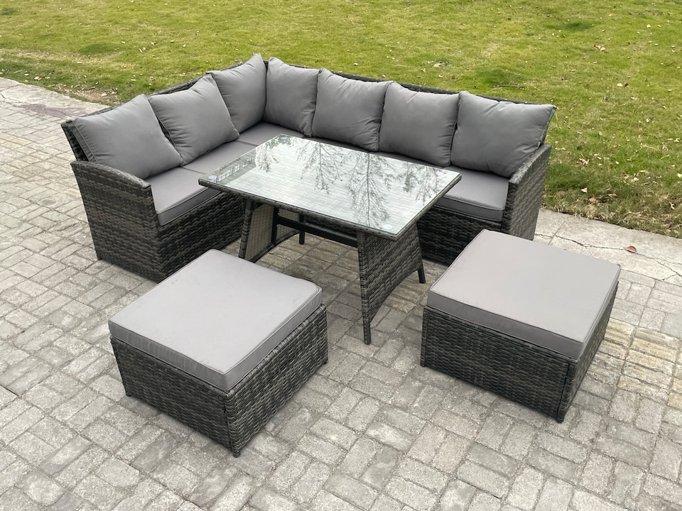 image 1 of Fimous Rattan Garden Furniture Corner Sofa Set with Oblong Dining Table 2 Big Footstool Outdoor Wicker Rattan Set Dark Grey Mixed