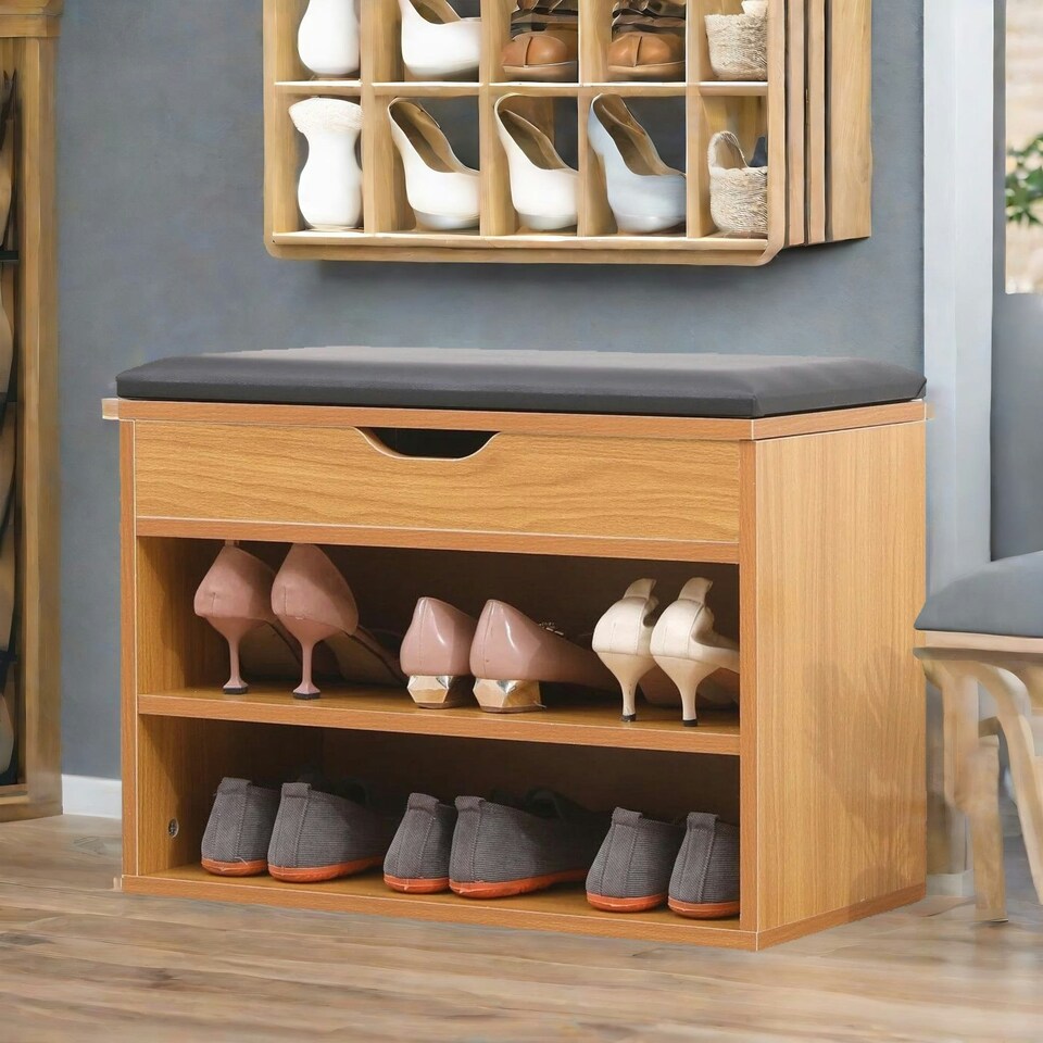 image 1 of Wooden Shoe Storage Bench With Cushioned Seat 60CM Brown