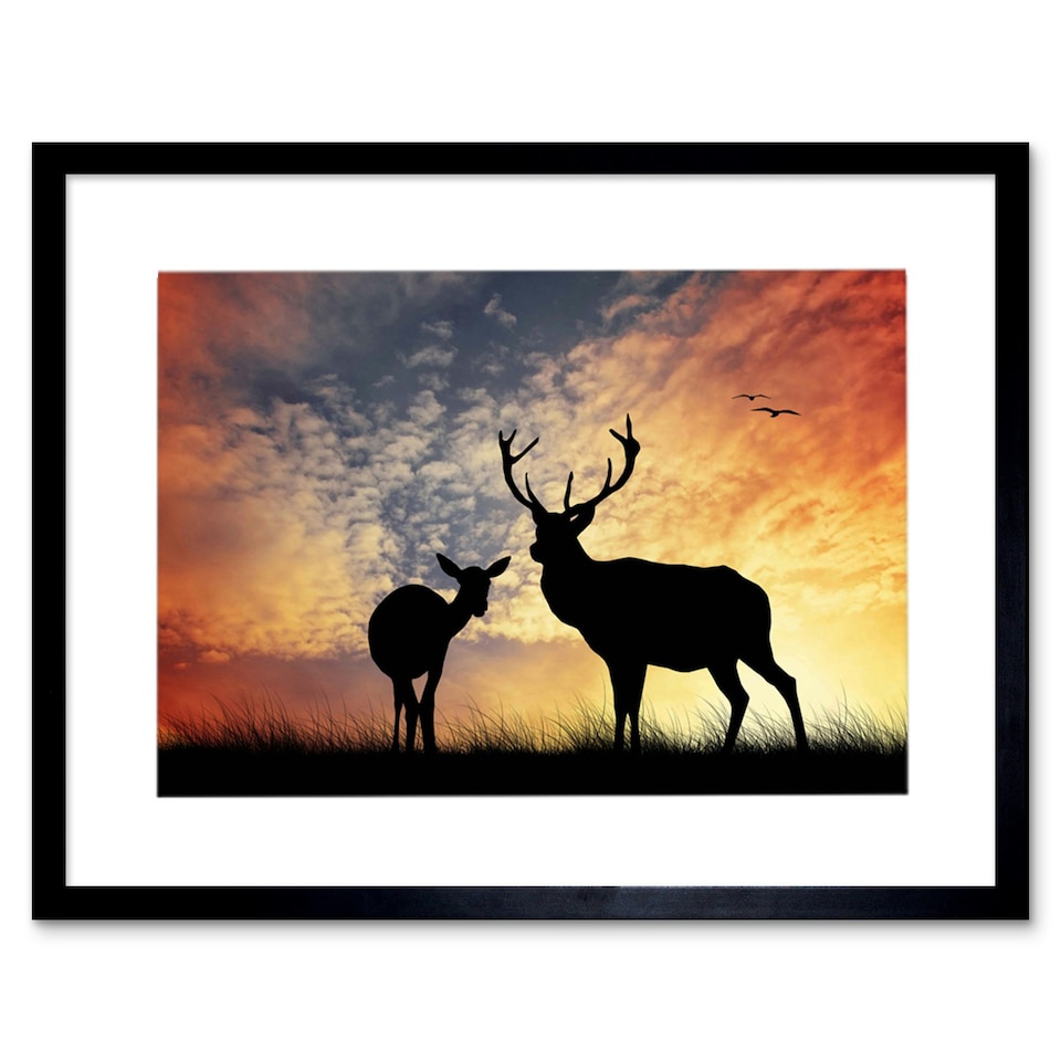 image 1 of Photo Composition Deer Silhouette Sunset Sky Stag Framed Wall Art Print