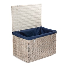 Large White Wash Storage Hamper With Navy Lining Wicker Basket | Blue | Blue
