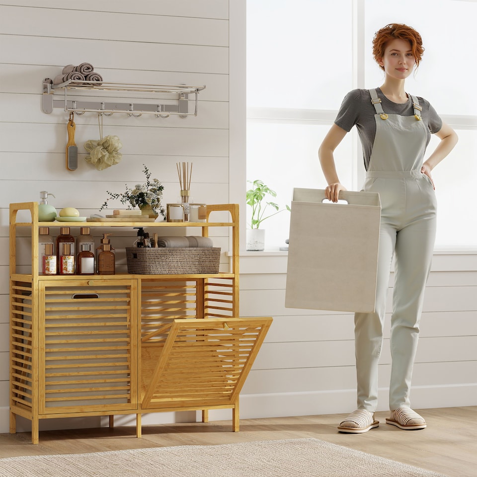image 1 of HOMCOM Double Tilt Out Laundry Cabinet Bamboo Laundry Hamper Cabinet | Brown | Natural, Cream White | 82W x 33D x 88H cm