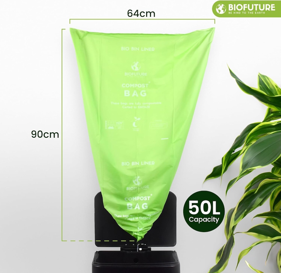 image 1 of Biofuture 50L x 25 Compostable Bin Liners | Home Compostable & Council Approved | Fits 49-51L Large Garden & Compost Waste Bags | EN13432 Certified & TUV Certified