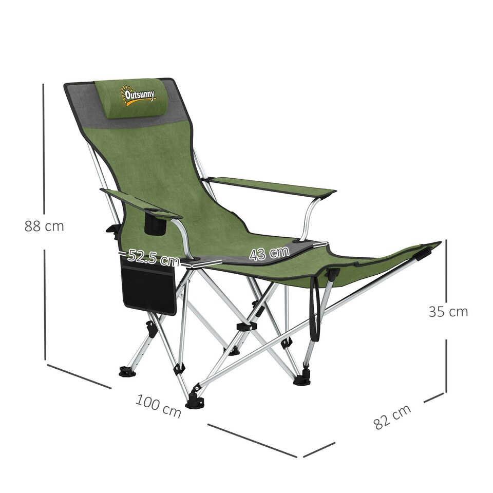 image 1 of Outsunny Set of 2 Reclining Camping Chairs Green | Olive Green, Grey