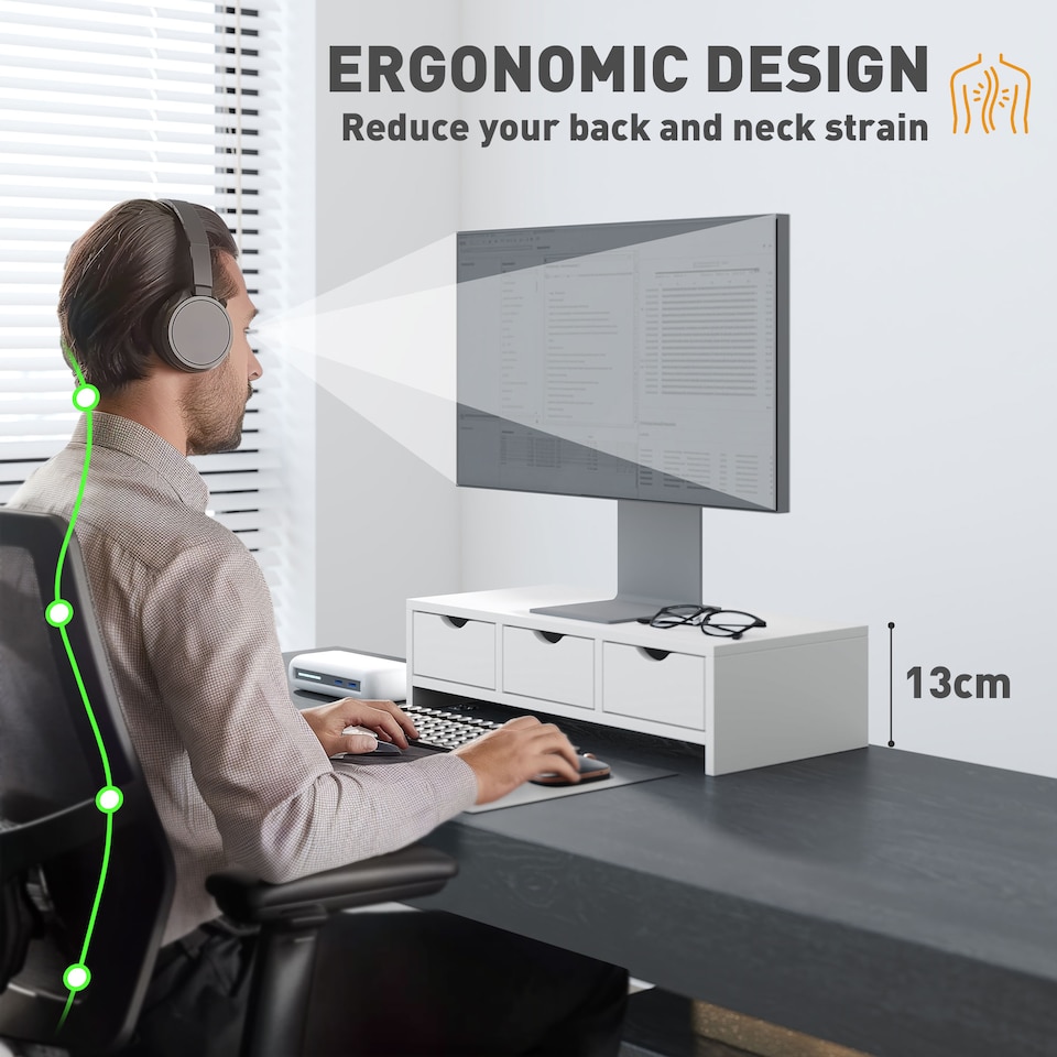 image 1 of HOMCOM Monitor Stand Riser with 3 Drawers for Laptop, Computer, PC, White