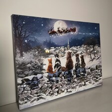 40 x 30cm Snowtime Touch Operated Cats Christmas Fibre Optic Wall Canvas