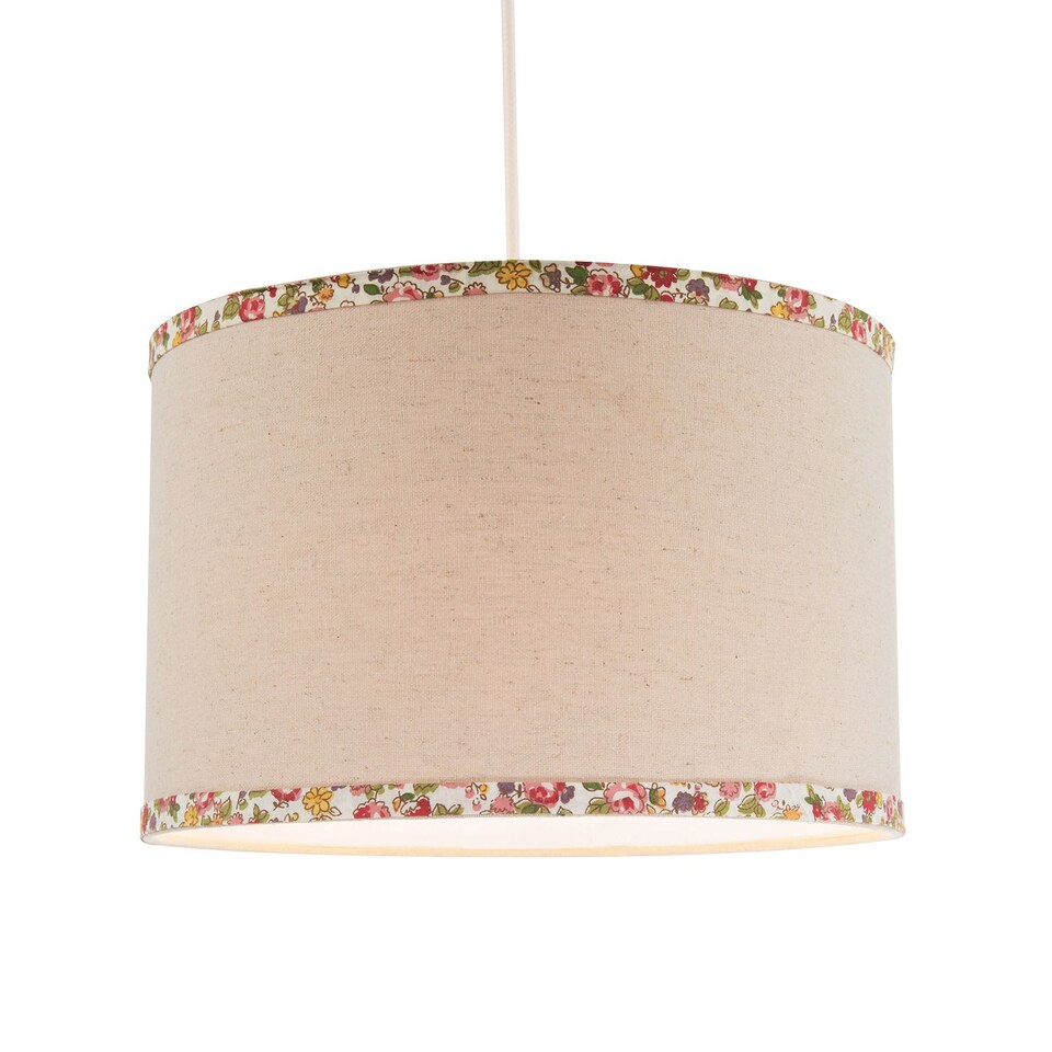 image 1 of Natural Oatmeal Linen Circular Lamp Shade with Colourful Floral Trims | Cream | Oatmeal | 1