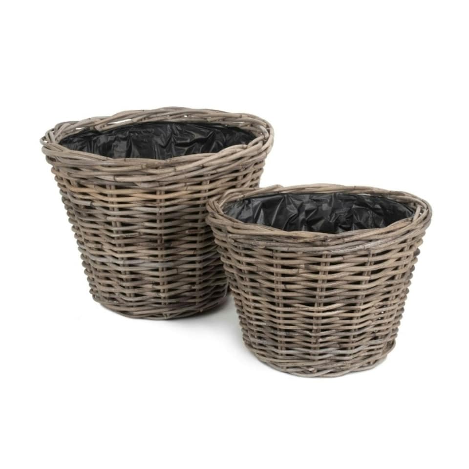 image 1 of Set of 2 Tapered Rattan Round Planter with Plastic Lining