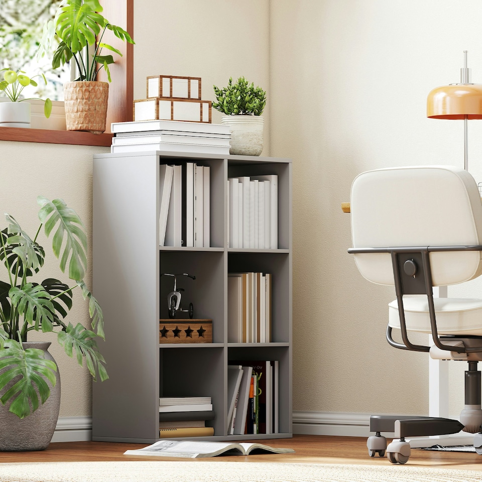 image 1 of HOMCOM 6-Cube Bookshelf, Display Shelving Unit for Home Office, Light Grey