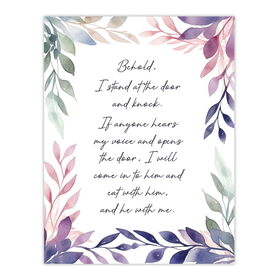 image 1 of Behold Stand At Door Knock Violet Revelations Bible Quote Black Framed Wall Art Print A8