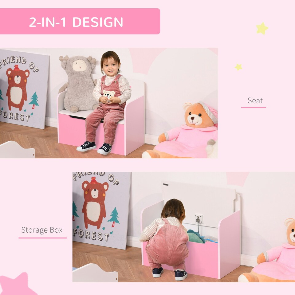 image 1 of HOMCOM Kids Wooden Toy Box Children Storage Chest Bench Organiser Bedroom Pink