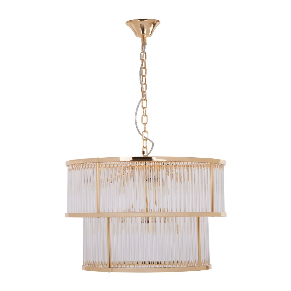 image 1 of Interiors by Premier 2 Tier Gold Finish Glass Chandelier, Modern Drum Style Glass Rod Chandelier With Warm Ambient Light Gold