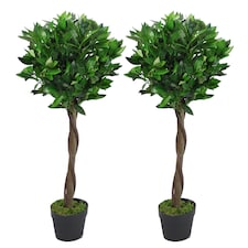 Pair of 90cm (3ft) Twisted Stem Artificial Topiary Bay Laurel Ball Trees | Green | 3ft