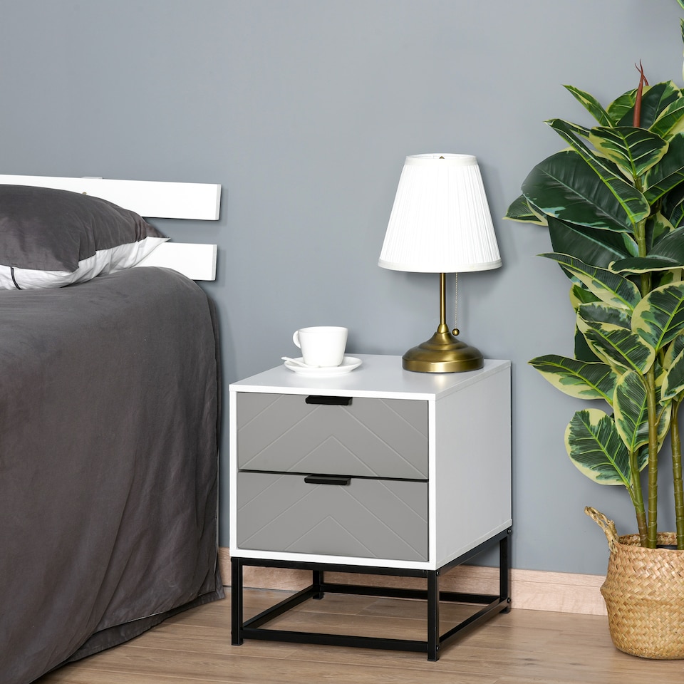 image 1 of HOMCOM Bedside Cabinet with 2 Drawer Storage Unit, Unique Shape Bedroom Table Nightstand with Metal Base, for Living Room, Study Room, Dorm