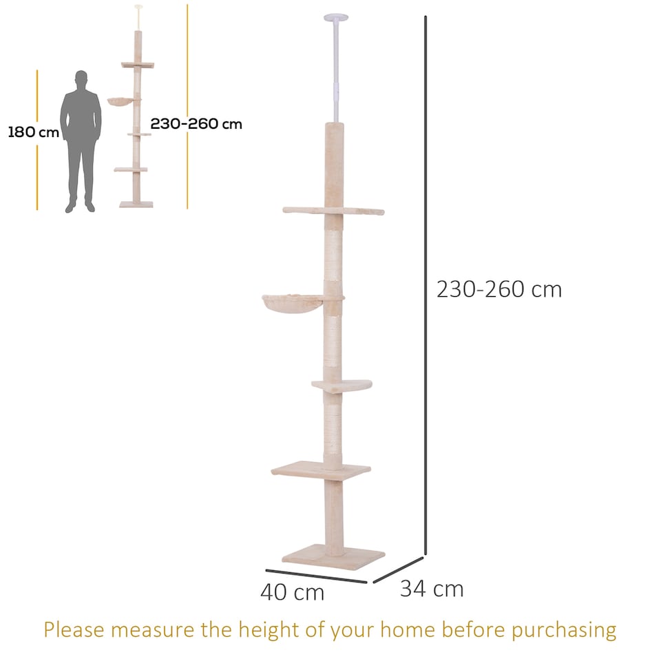 image 1 of PawHut Floor to Ceiling Cat Tree 5-Tier Climbing Tower Scratching Post