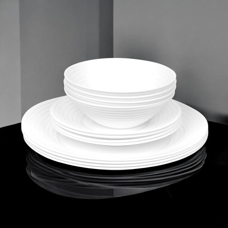 image 1 of White Opal Glass Dinner Set Plates Soup Bowls Dinnerware | White | Vienna Ribbed - 12 Pcs | 12