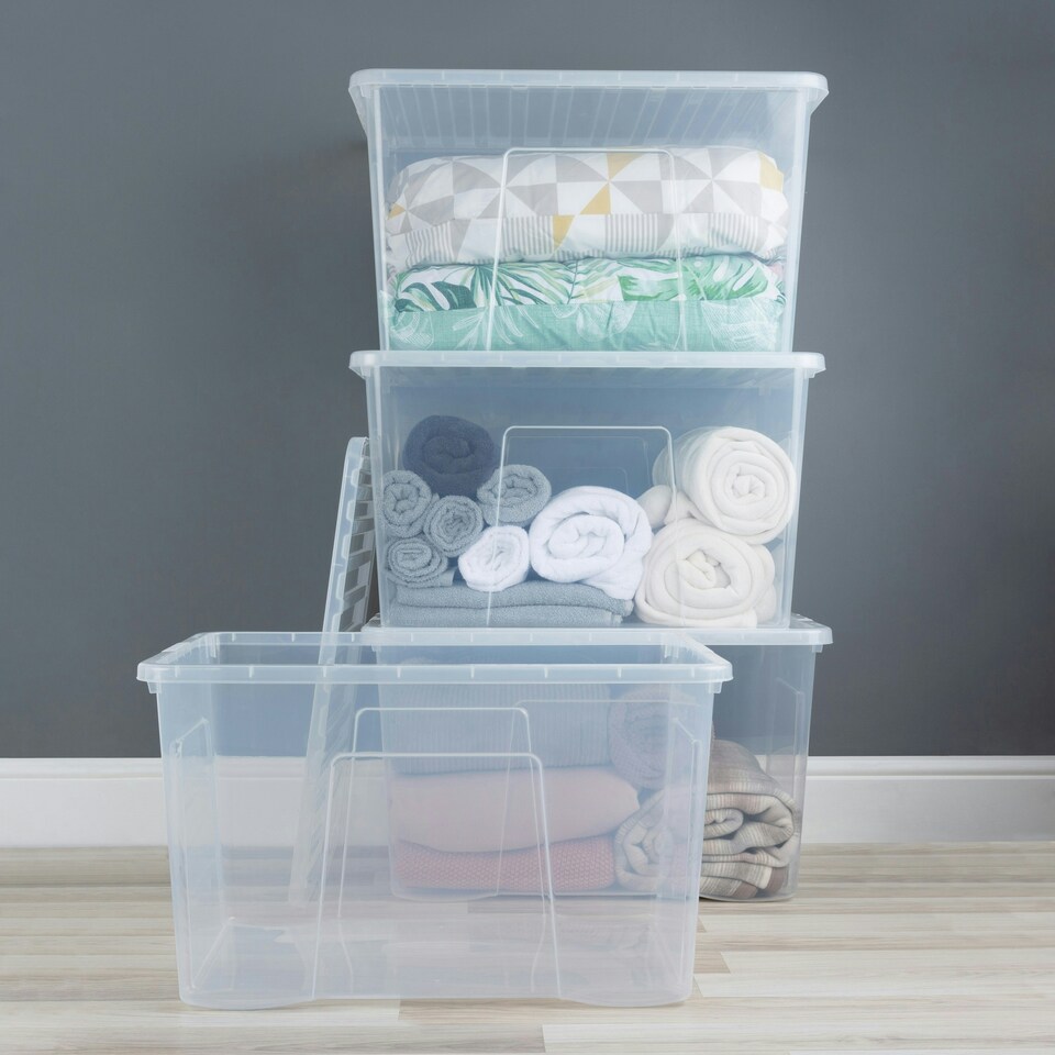 image 1 of Wham Crystal 4 x 102L Stackable Plastic Storage Boxes with Lids Clear Clear