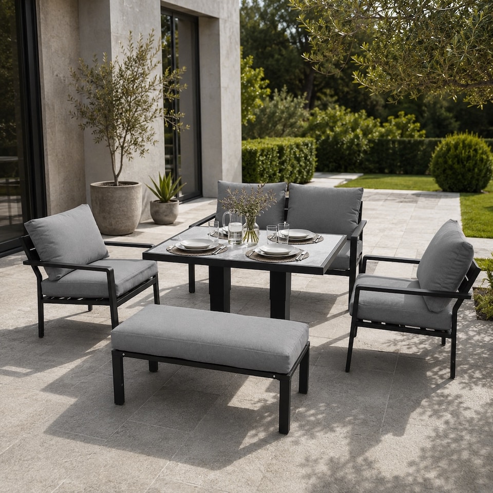 image 1 of 4 Seater 5 Piece Aluminium Garden Sofa Dining Set with Gas Lift Table, Ottoman Bench & Grey Cushions