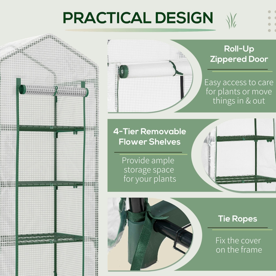 image 1 of Outsunny Mini Greenhouse 4-Tier Portable Plant House Shed w/ PE Cover, Green