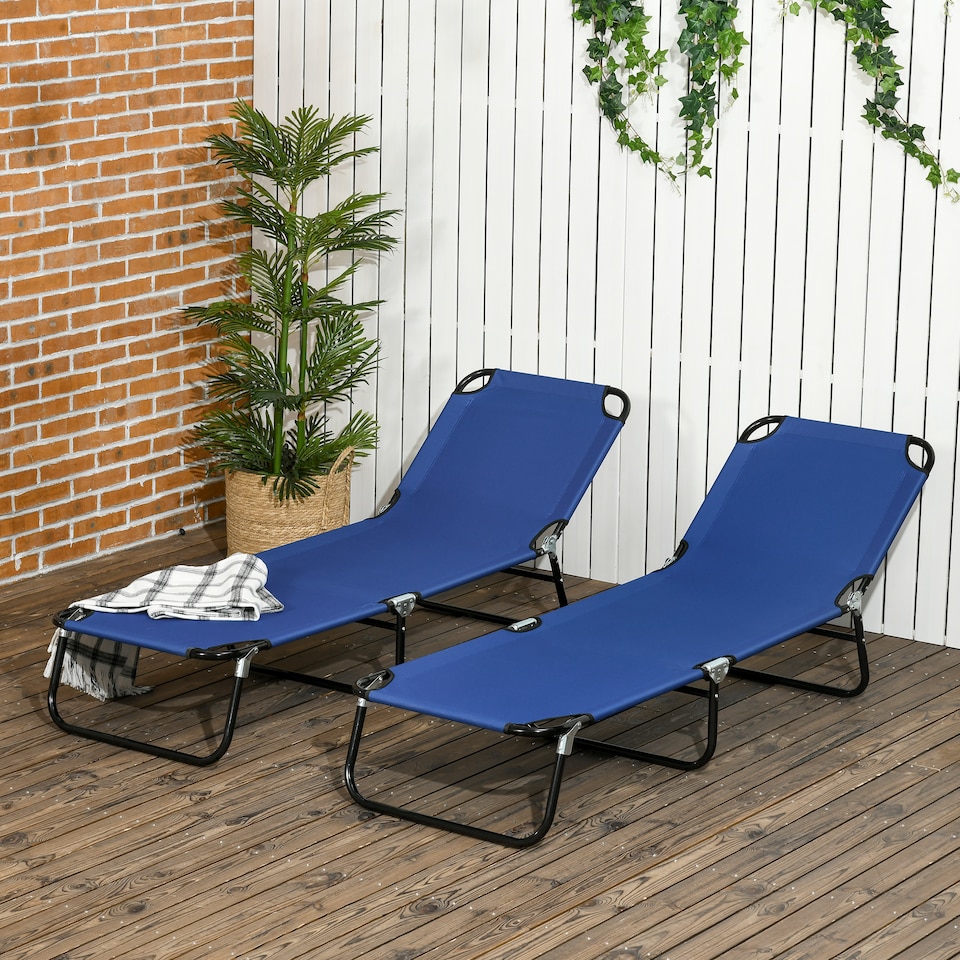image 1 of Outsunny Folding Sun Loungers Set of 2 with Adjustable Backrest, Blue