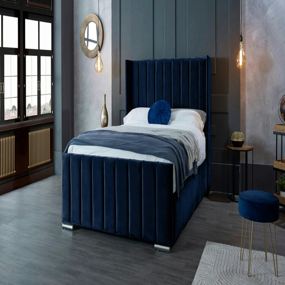 image 1 of Meriso Plush Blue Super King Bed Frame - Blue