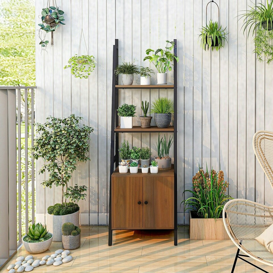 image 1 of COSTWAY 4-Tier Ladder Shelf Bookshelf Industrial Bookcase Brown