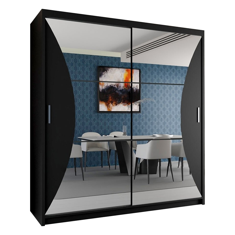 image 1 of Modern Curved Mirror Sliding Door Wardrobe with Silver Handles - Black 150cm