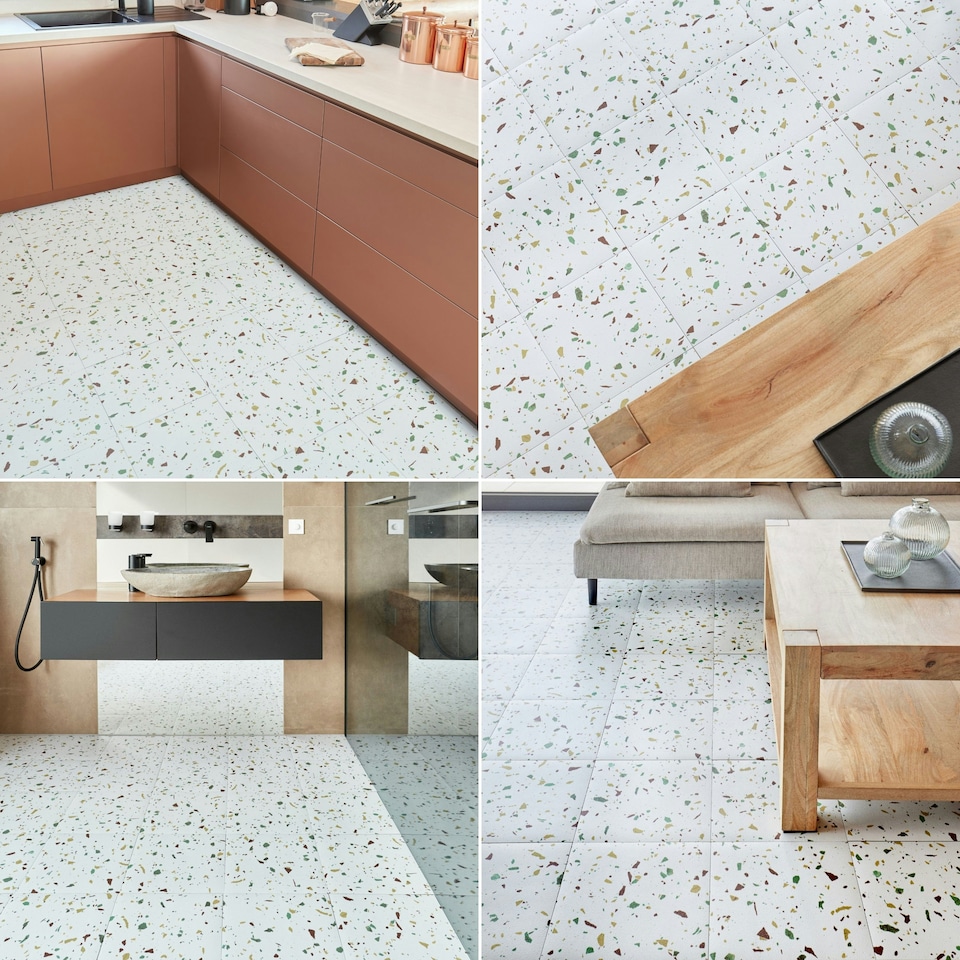 image 1 of NOVECRAFTO Vinyl Floor Tiles Self Adhesive – 12x12in Peel and Stick Flooring for Kitchen, Bathroom & Living Room – White Terrazzo Look with Flecks White | 4.65 sqm
