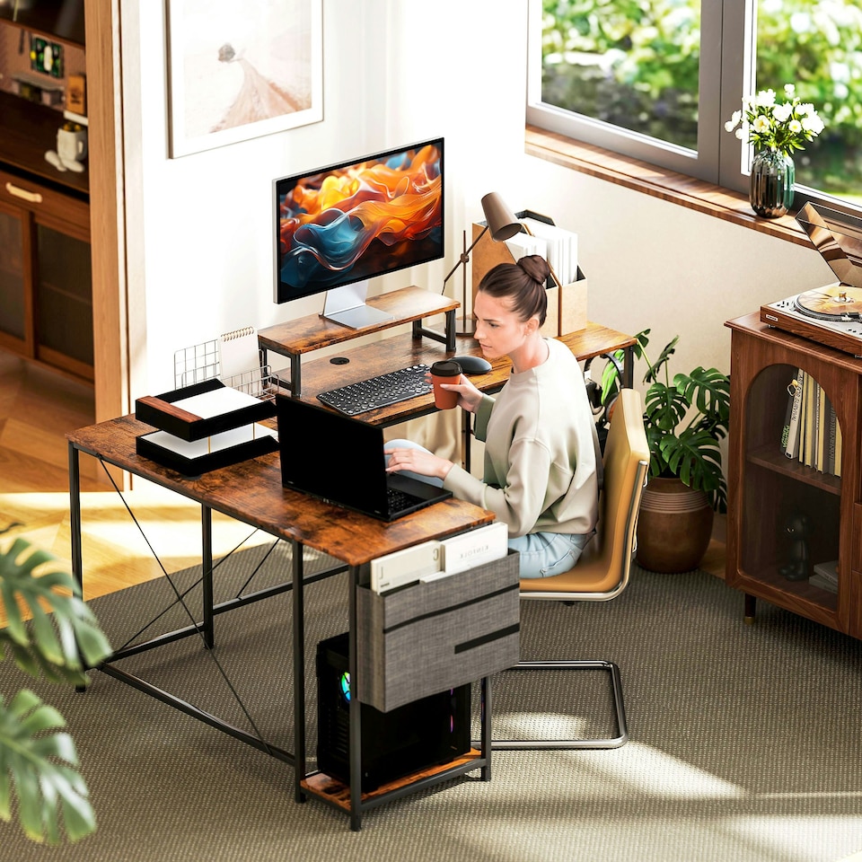 image 1 of HOMCOM 168cm Reversible L Shaped Desk, 240cm Two Person Desk, Rustic Brown