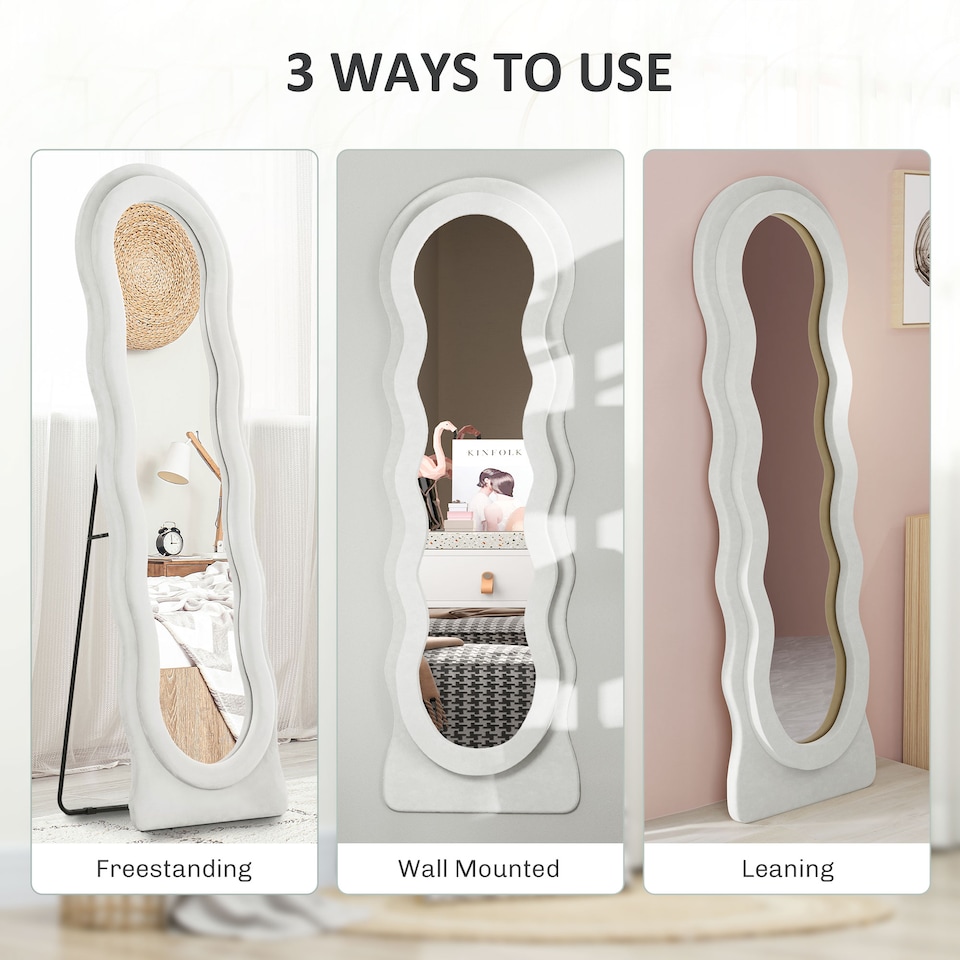 image 1 of HOMCOM Irregular Wavy Mirror Full Length, 160 x 50cm Free Standing, Leaning or Wall Mirror with Velvet Wrapped Frame and Arched Top for Living Room, Bedroom, White