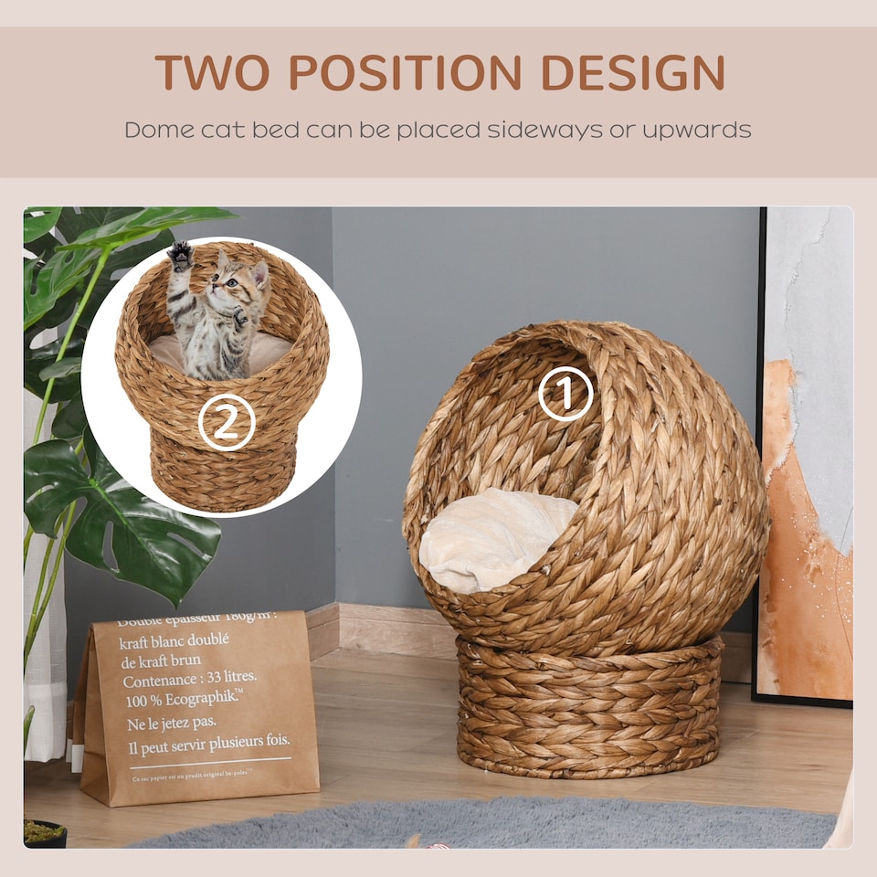 image 1 of PawHut Elevated Kitten Hooded Rattan Cat House Basket Cushion, 52x42x60cm Brown